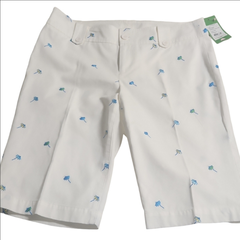 Lilly Pulitzer White Bermuda Shorts with Light Blue & Aqua Palm Motifs
